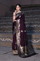 Chocolate Wine Pure Katan Silk Banarasi Handloom Saree